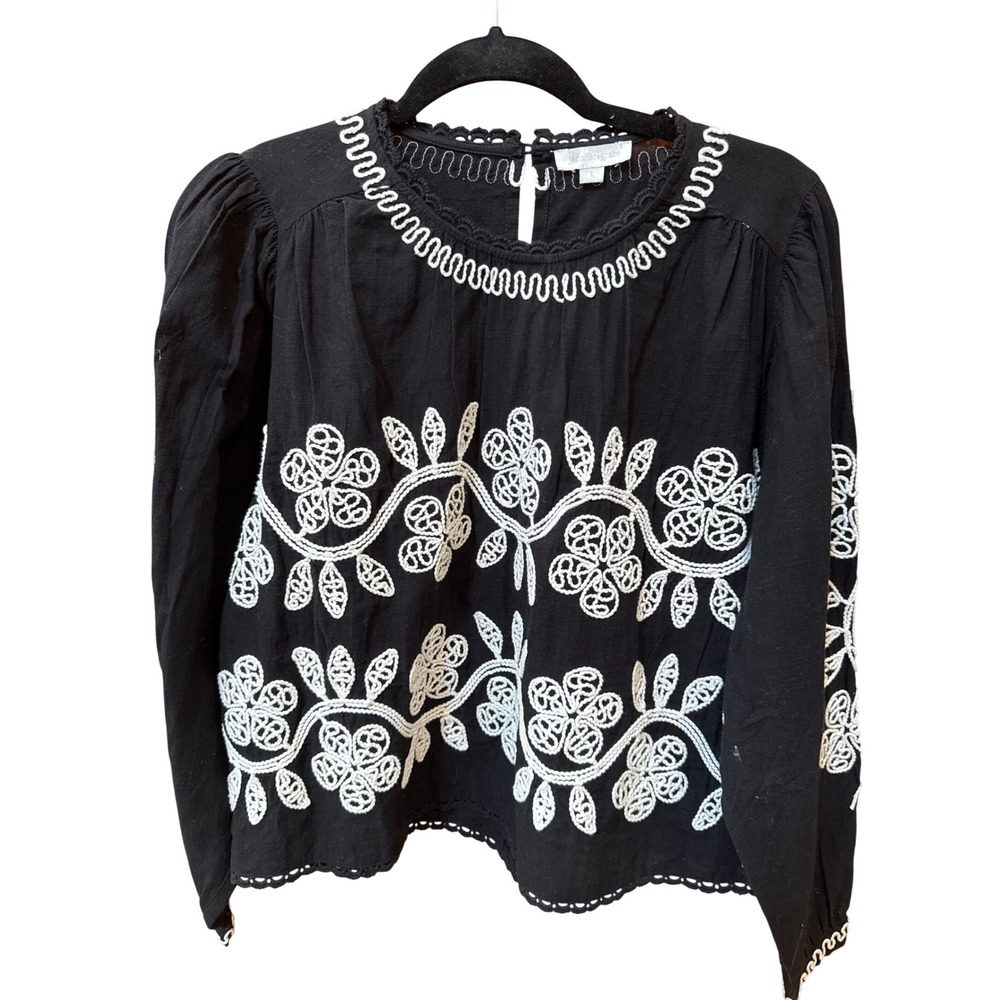 Jennifer Grace Black White Floral Embroidered Cotton Blouse Large L Boho Top